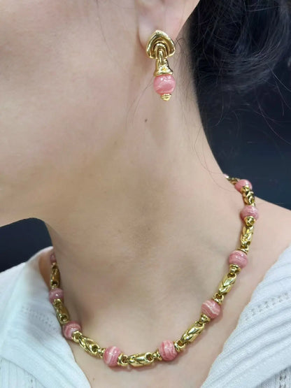 Bvlgari, 18K Gold Rhodochrosite Beads Necklace and Earrings Bvlgari