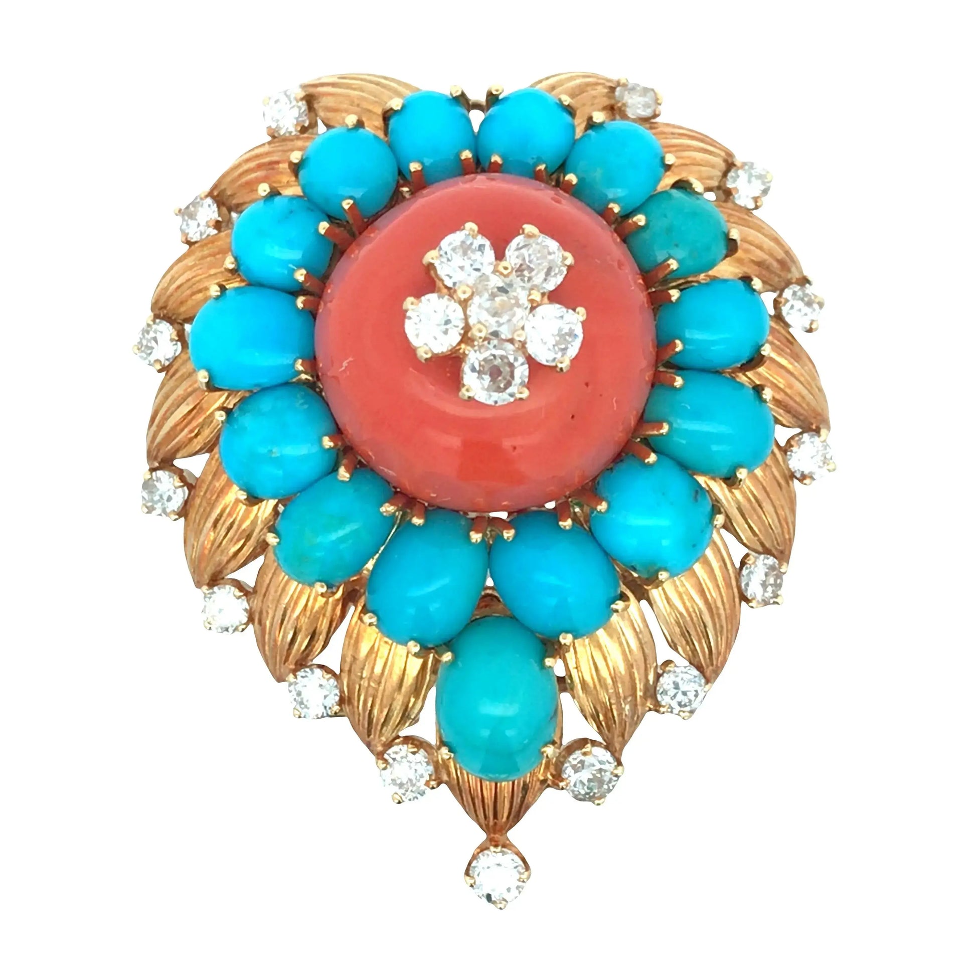 Van Cleef & Arpels, 18K Gold Coral Turquoise Diamond Brooch VCA