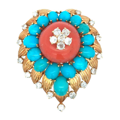 Van Cleef & Arpels, 18K Gold Coral Turquoise Diamond Brooch VCA
