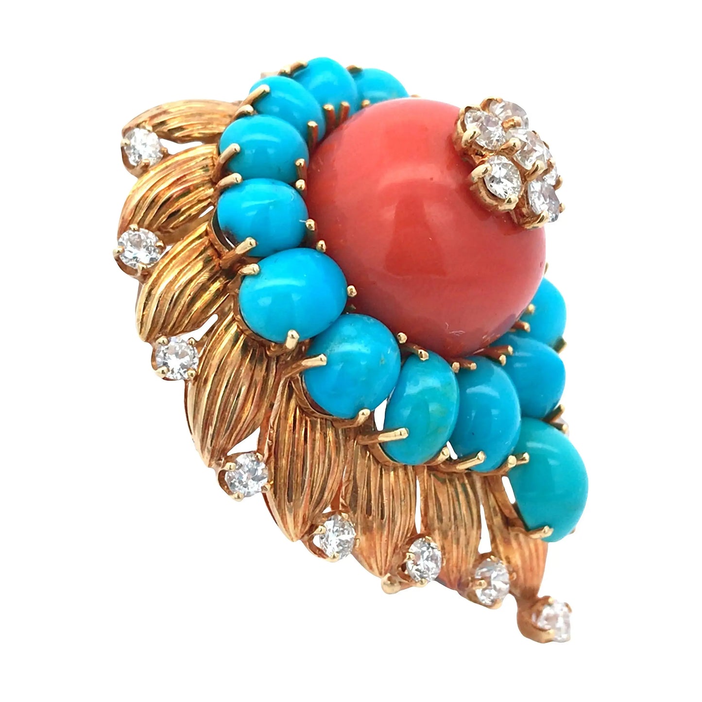 Van Cleef & Arpels, 18K Gold Coral Turquoise Diamond Brooch VCA