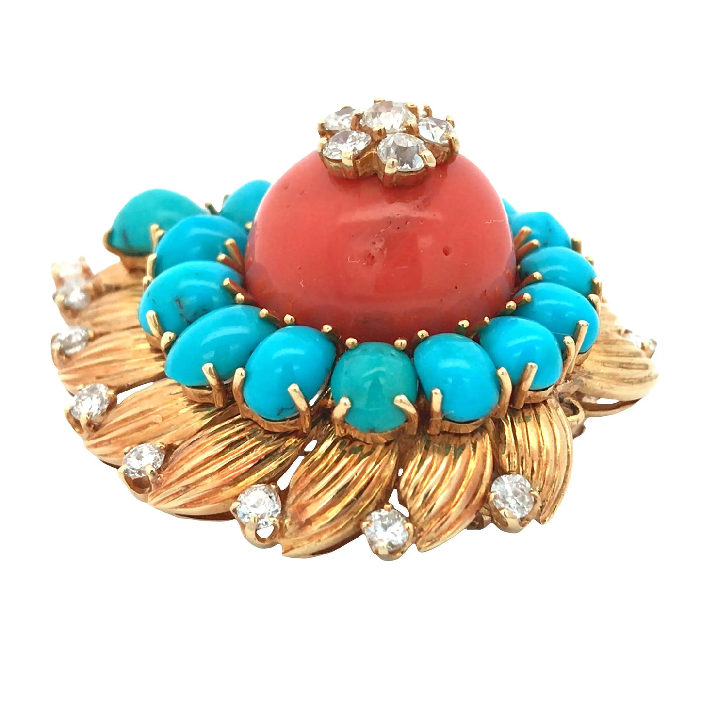 Van Cleef & Arpels, 18K Gold Coral Turquoise Diamond Brooch VCA