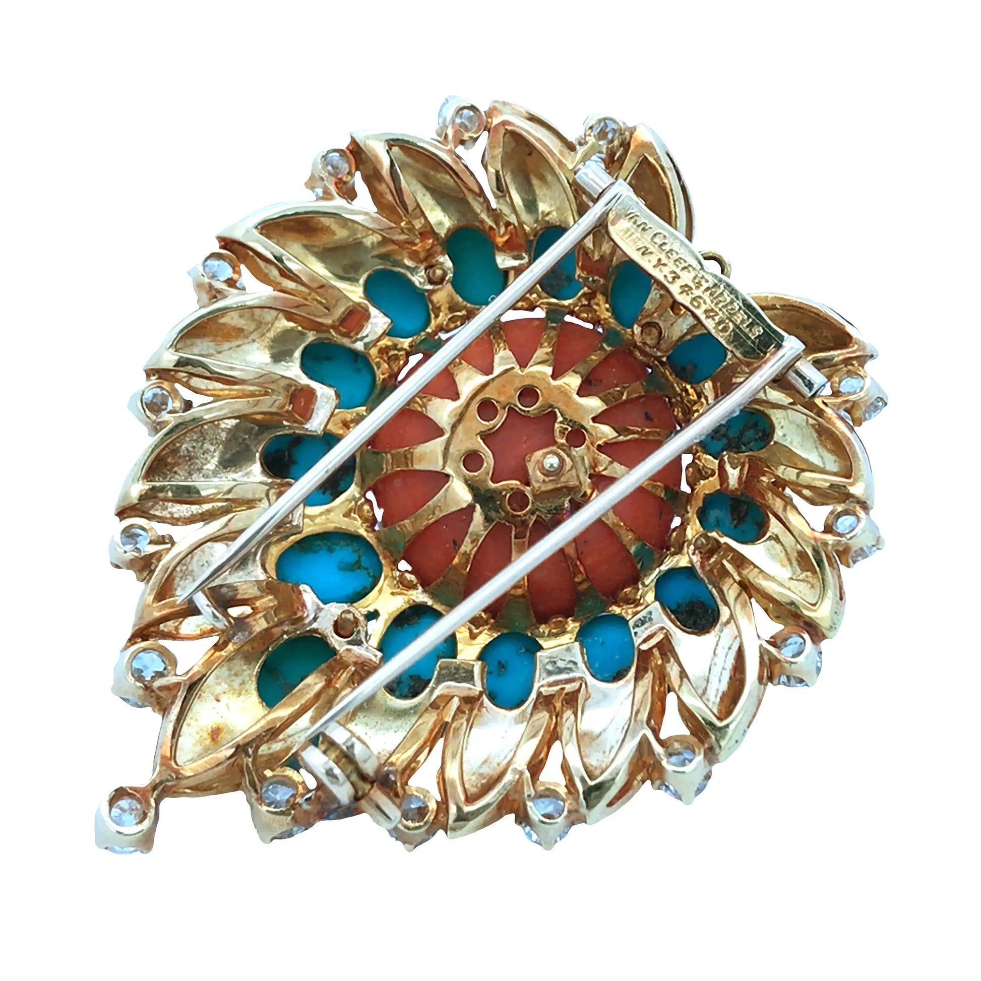 Van Cleef & Arpels, 18K Gold Coral Turquoise Diamond Brooch VCA