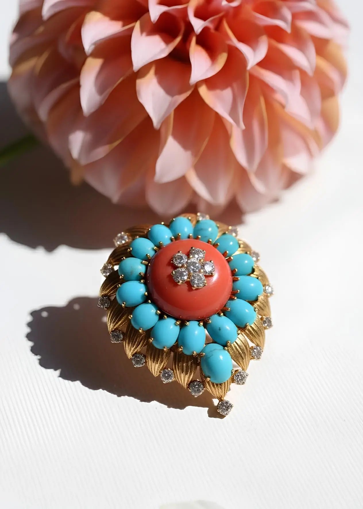 Van Cleef & Arpels, 18K Gold Coral Turquoise Diamond Brooch VCA
