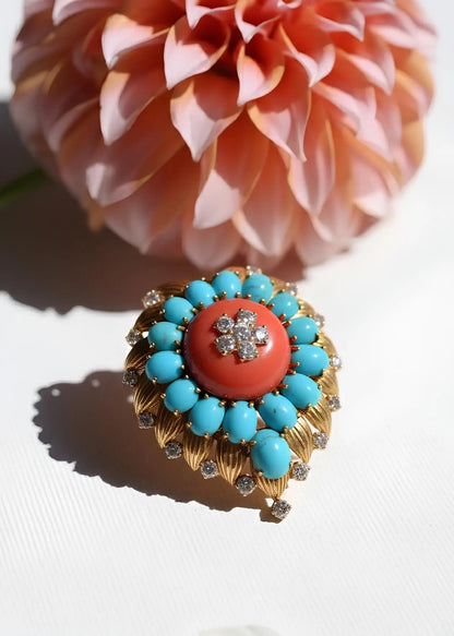 Van Cleef & Arpels, 18K Gold Coral Turquoise Diamond Brooch VCA