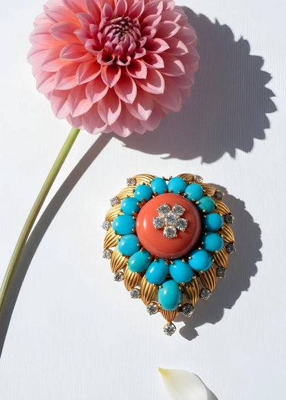 Van Cleef & Arpels, 18K Gold Coral Turquoise Diamond Brooch VCA