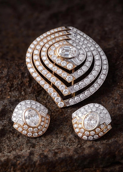 Bvlgari, 18K Gold Diamond Brooch and Earrings