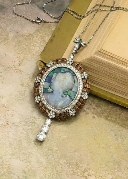 Antique Platinum Gold Boulder Opal Cameo Pendant Necklace Lueur Jewelry