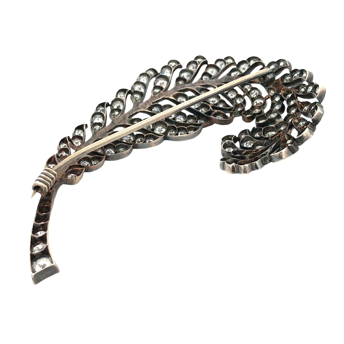 Antique Silver-topped Gold Diamond Feather Brooch Lueur Jewelry