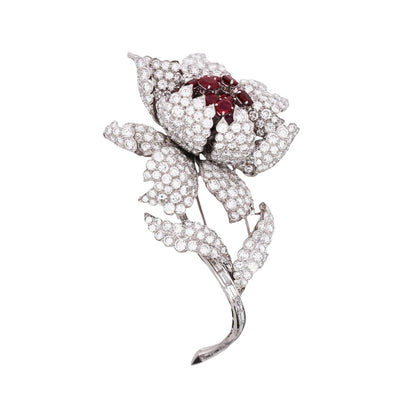 Harry Winston, Platinum Ruby Diamond Flower Brooch, GIA, Evaluation