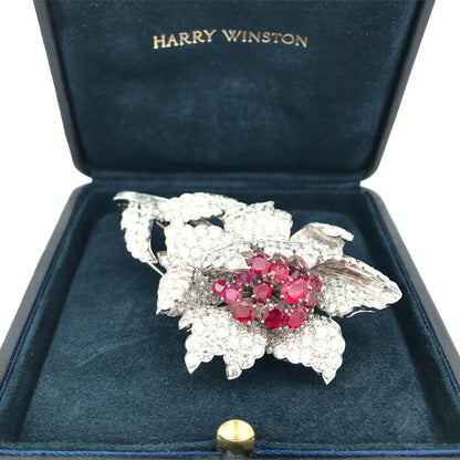 Harry Winston, Platinum Ruby Diamond Flower Brooch, GIA, Evaluation