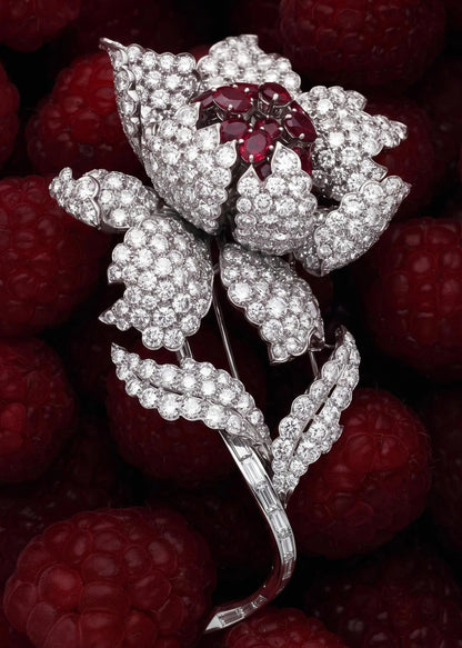 Harry Winston, Platinum Ruby Diamond Flower Brooch, GIA, Evaluation