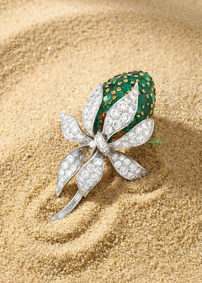 Emerald Diamond Flower Brooch Lueur Jewelry