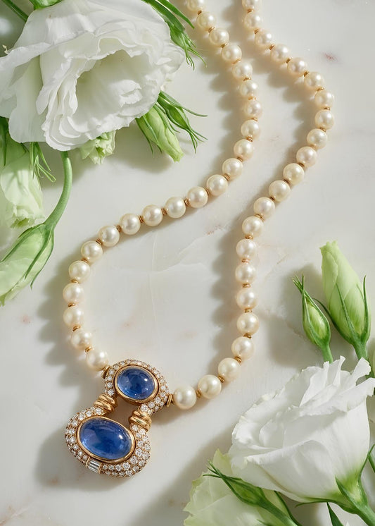 Bvlgari, 18K Gold Ceylon no-heat Sapphire Pearl Diamond Necklace, IGN