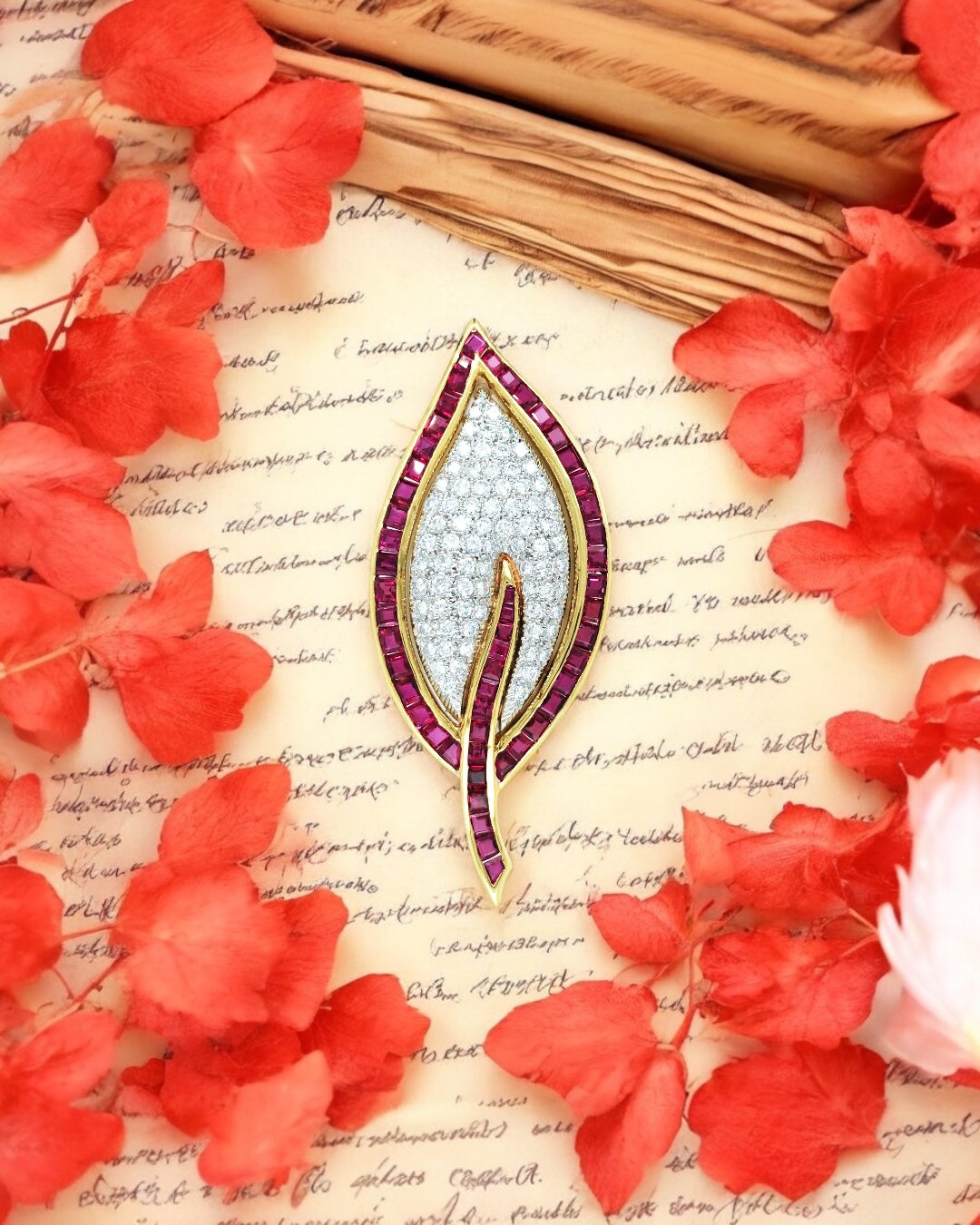 18K Gold Ruby Diamond Leaf Brooch