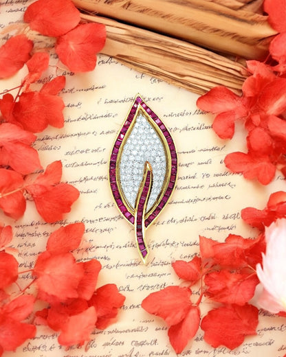 18K Gold Ruby Diamond Leaf Brooch