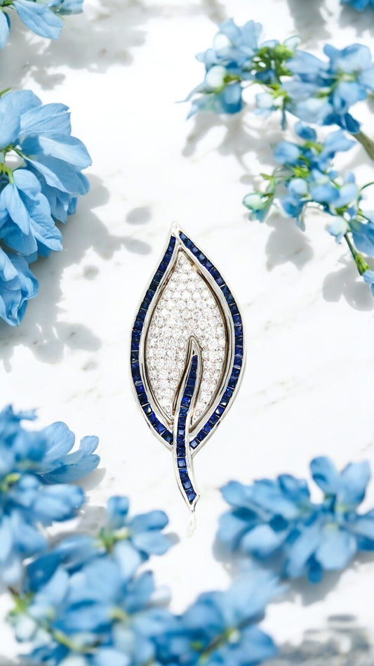 18K Gold Sapphire Diamond Leaf Brooch