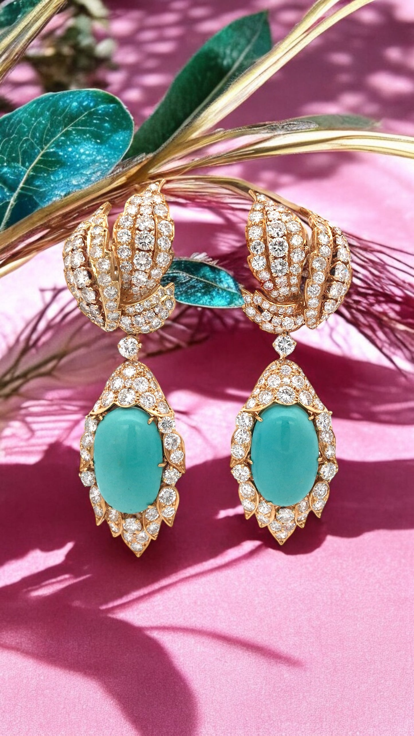 David Webb, 18K Gold Turquoise Diamond Earrings