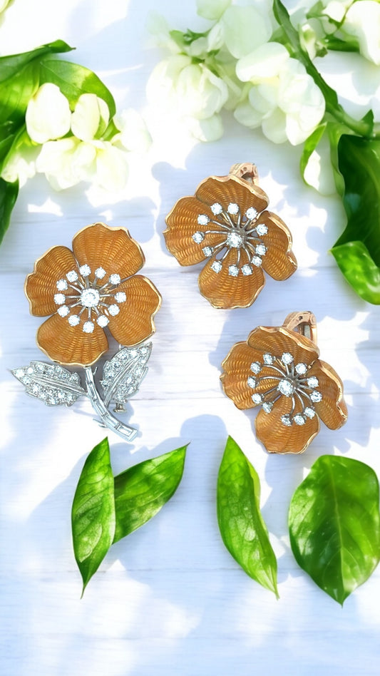 Boucheron, 18K Gold Enamel Diamond Flower Brooch and Earrings
