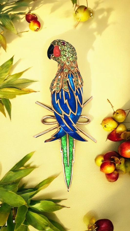 Tiffany Schlumberger, 18K Gold Enamel Peridot coral and Ruby Parrot Brooch