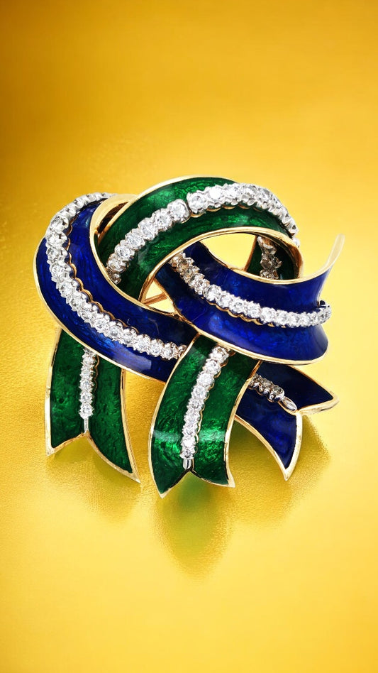 David Webb, 18K Gold Enamel Diamond Brooch