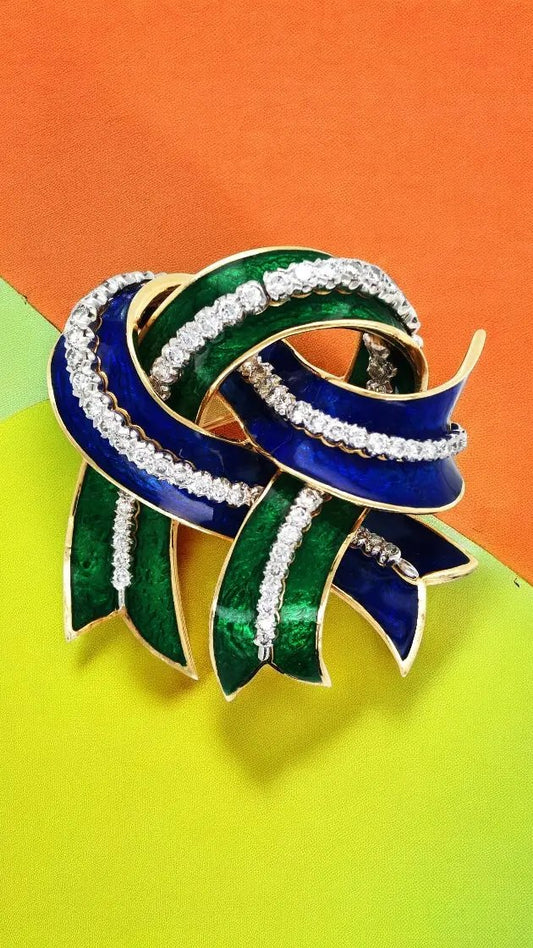 David Webb, 18K Gold Enamel Diamond Brooch David Webb