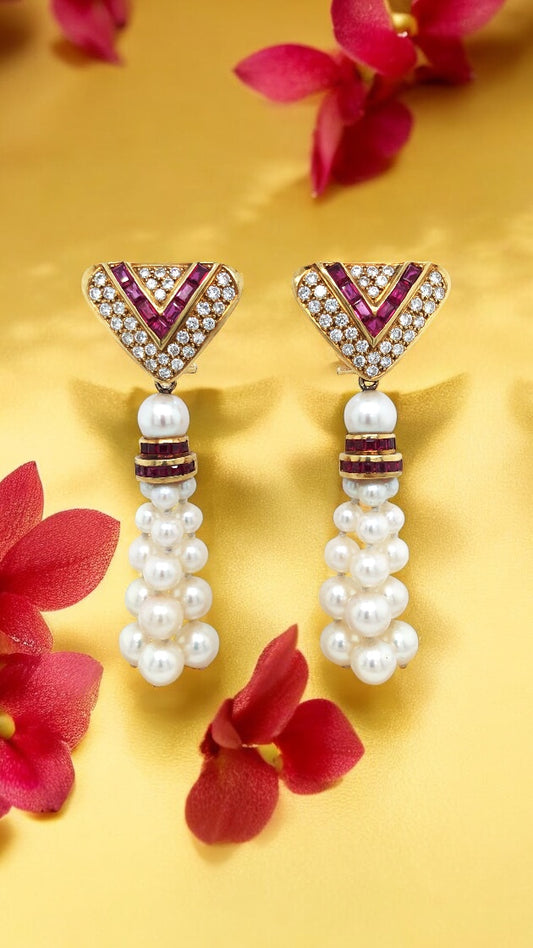 18K Gold Ruby Pearl Diamond Earrings