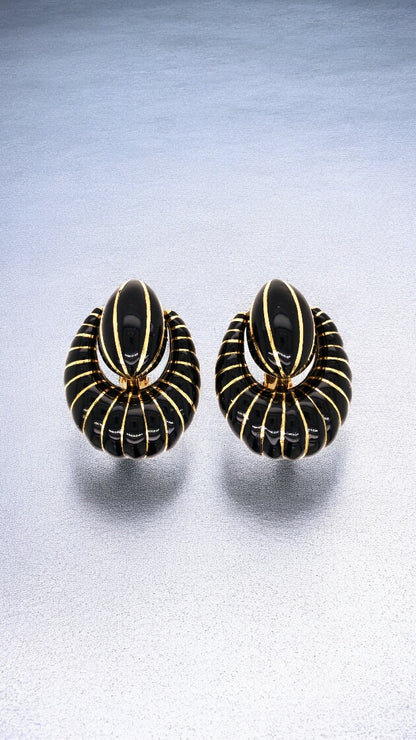 David Webb, 18K Gold Black Enamel Earrings