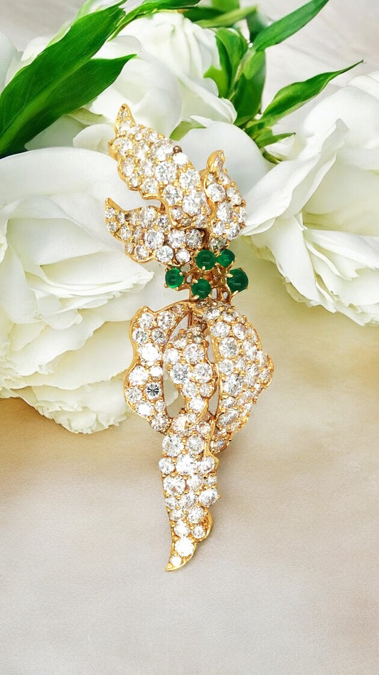Cartier, 18K Gold Emerald Diamond Flower Brooch