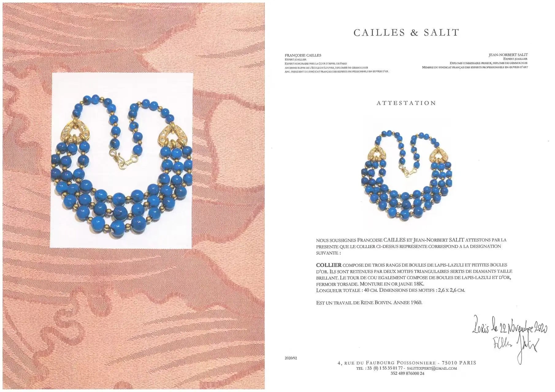 Rene Boivin, 18K Gold Lapis Lazuli Diamond Necklace, Certificate Rene Boivin