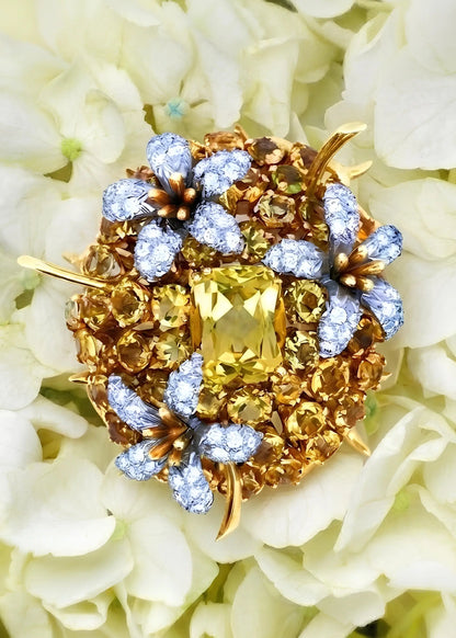 Tiffany Schlumberger, 18K Gold Yellow Sapphire Diamond Brooch Tiffany