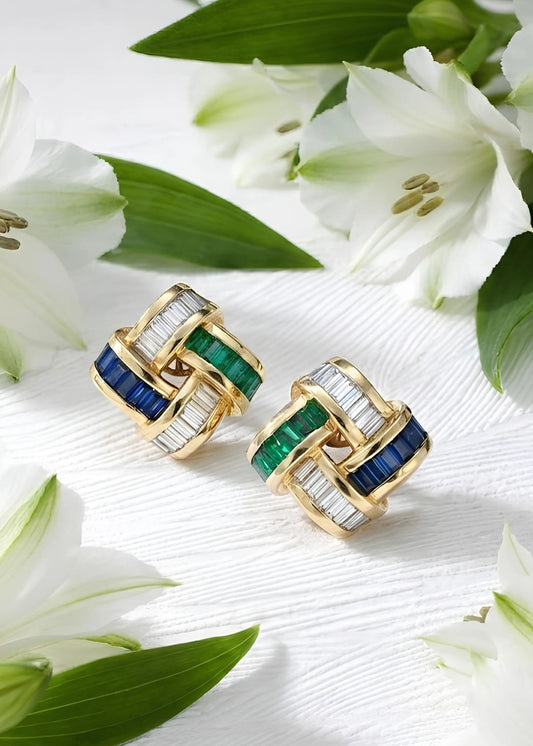 Charles Krypell, 18K Emerald Sapphire Diamond Earrings Charles Krypell