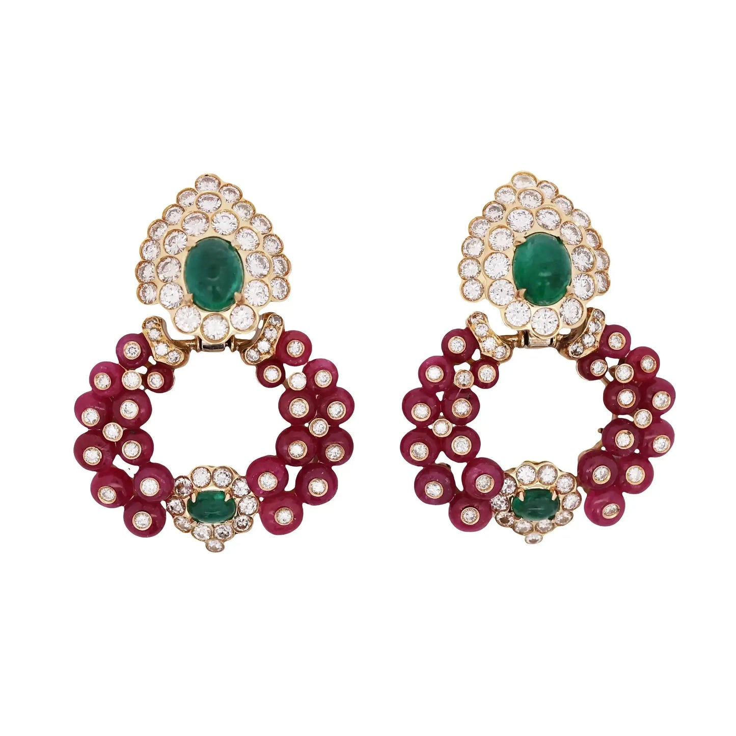 18K Gold Cabochon Ruby Emerald and Diamond Earrings Lueur Jewelry
