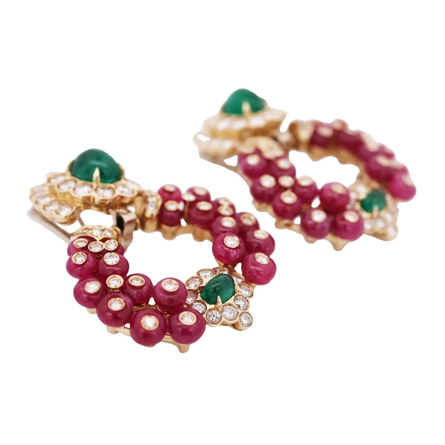 18K Gold Cabochon Ruby Emerald and Diamond Earrings Lueur Jewelry