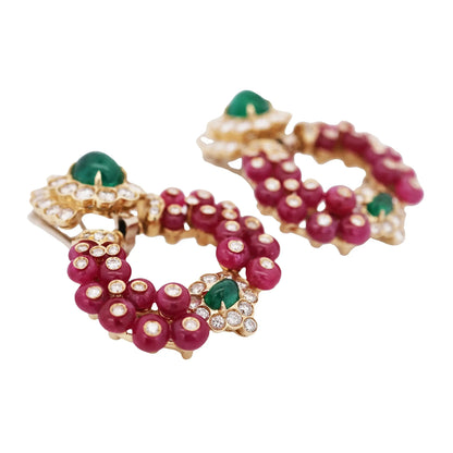 18K Gold Cabochon Ruby Emerald and Diamond Earrings Lueur Jewelry