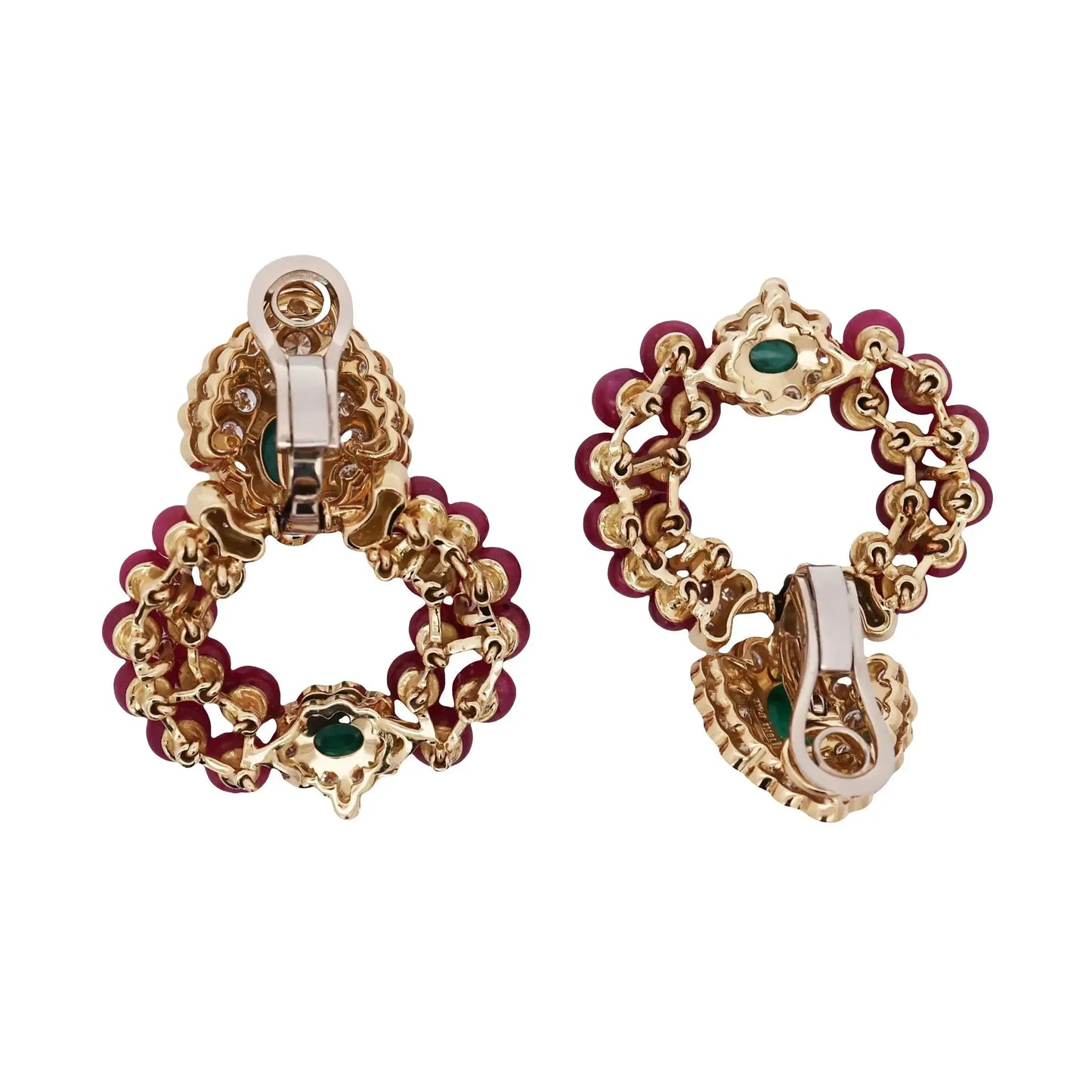 18K Gold Cabochon Ruby Emerald and Diamond Earrings Lueur Jewelry