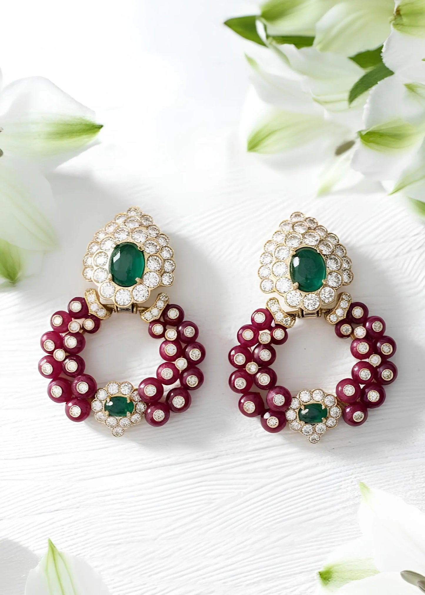 Giovane 18K Gold Cabochon Ruby Emerald and Diamond Earrings Lueur Jewelry