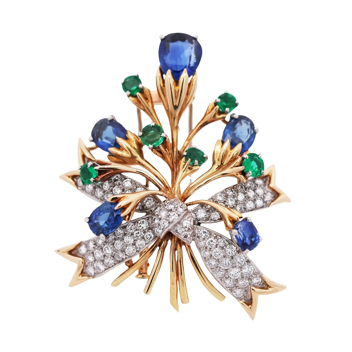 Tiffany Schlumberger, Platinum 18K Gold Sapphire Emerald Diamond Flower Brooch Tiffany