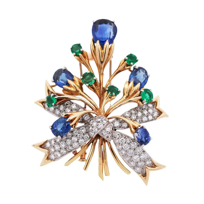 Tiffany Schlumberger, Platinum 18K Gold Sapphire Emerald Diamond Flower Brooch Tiffany