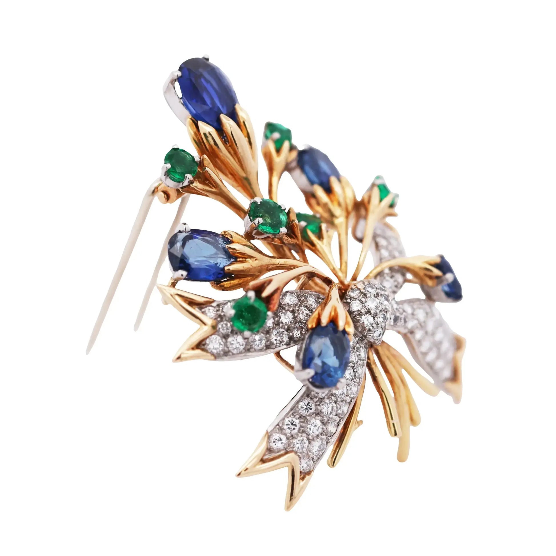 Tiffany Schlumberger, Platinum 18K Gold Sapphire Emerald Diamond Flower Brooch Tiffany