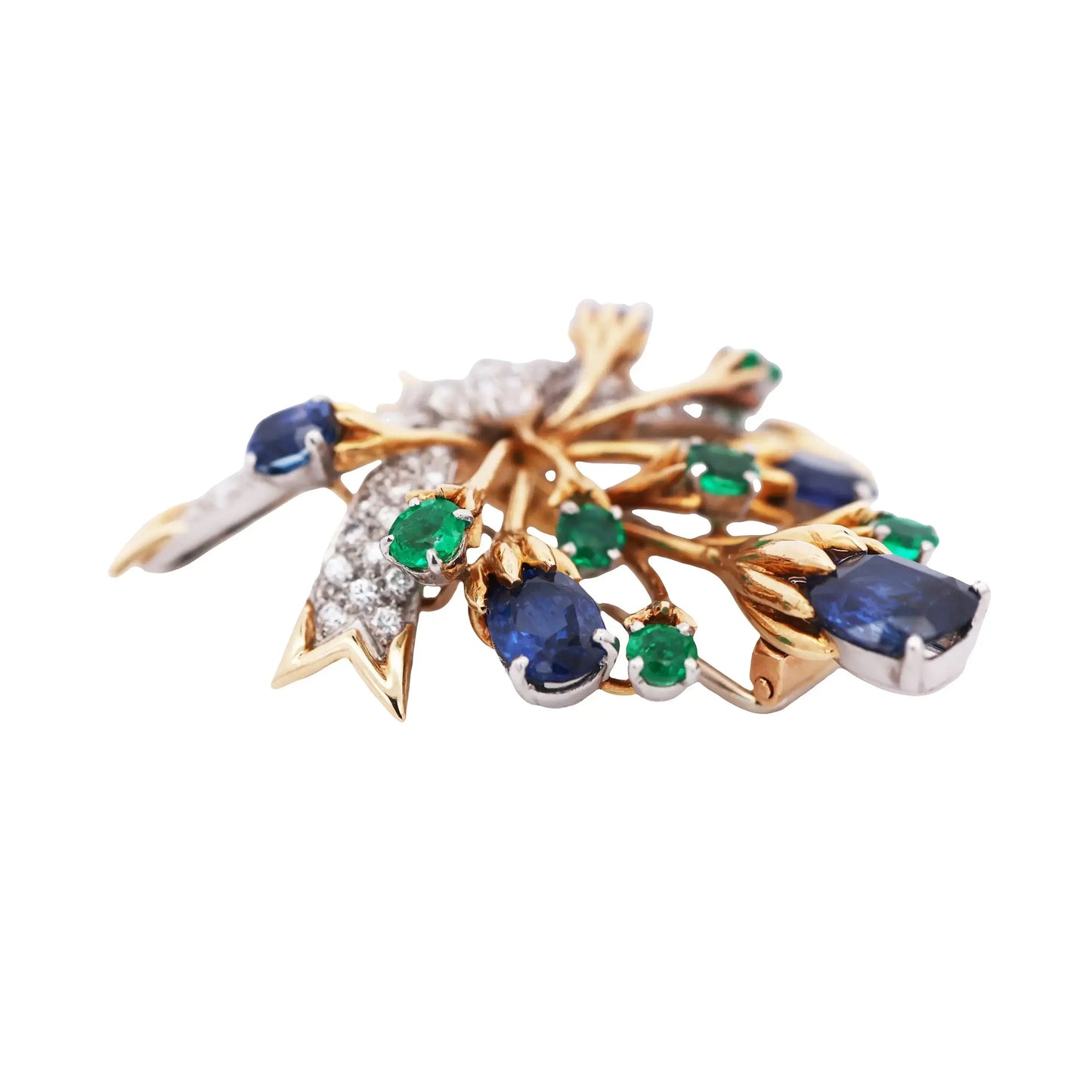 Tiffany Schlumberger, Platinum 18K Gold Sapphire Emerald Diamond Flower Brooch Tiffany