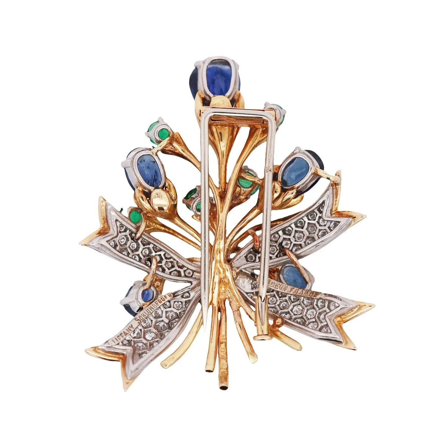 Tiffany Schlumberger, Platinum 18K Gold Sapphire Emerald Diamond Flower Brooch Tiffany