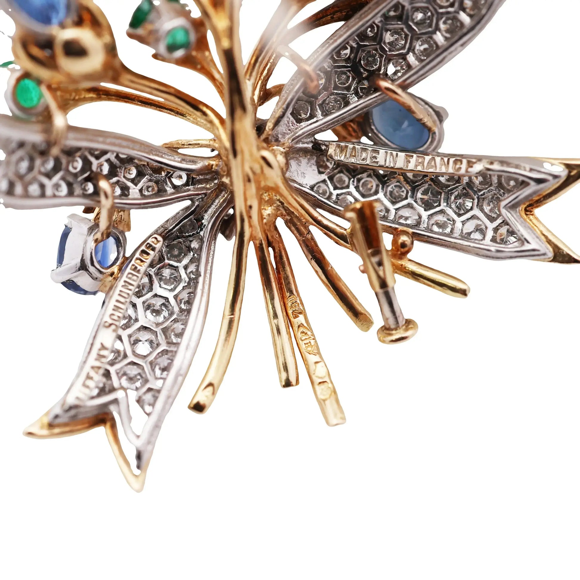 Tiffany Schlumberger, Platinum 18K Gold Sapphire Emerald Diamond Flower Brooch Tiffany