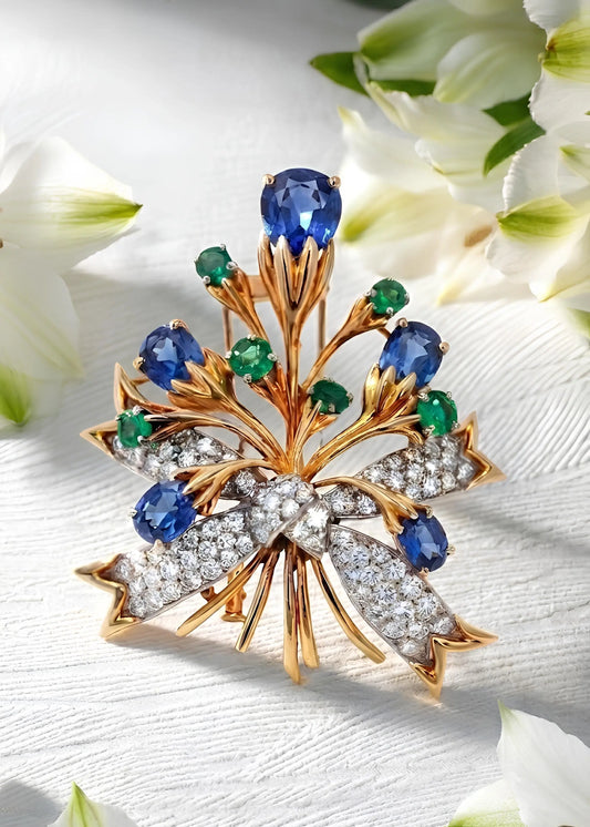 Tiffany Schlumberger, Platinum 18K Gold Sapphire Emerald Diamond Flower Brooch Tiffany