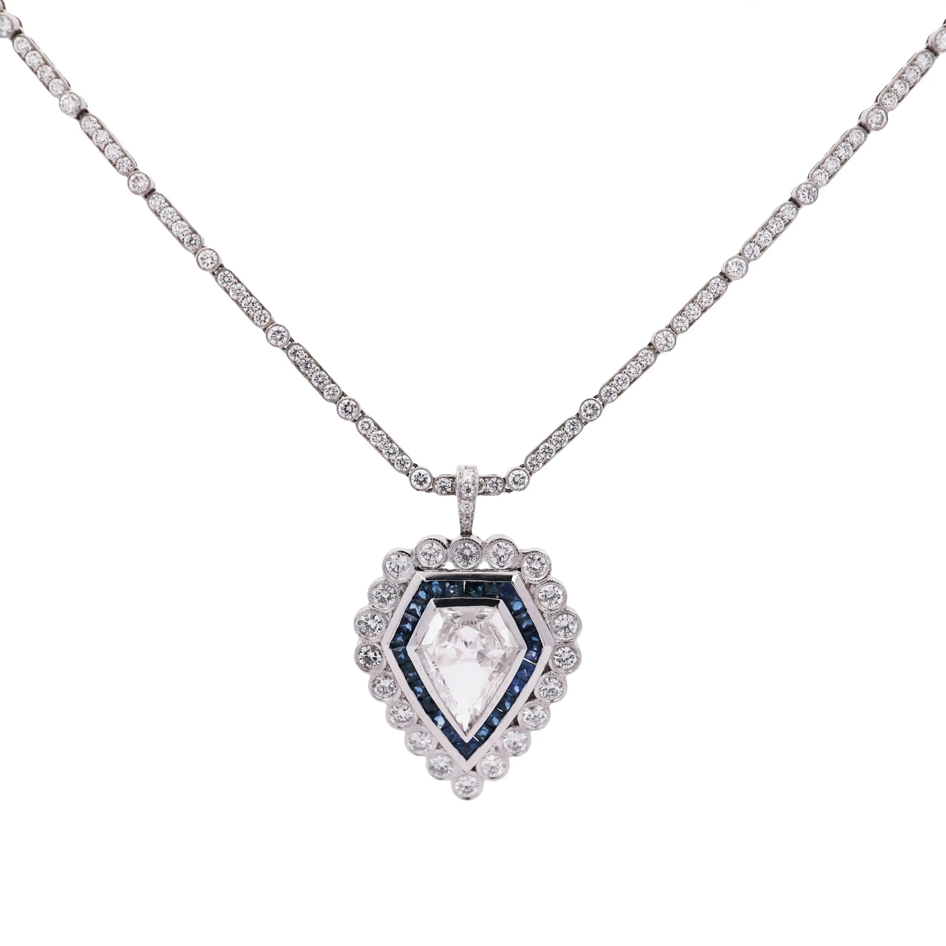 Art Deco Platinum Sapphire 2.61ct Diamond Pendant Necklace, GIA Lueur Jewelry