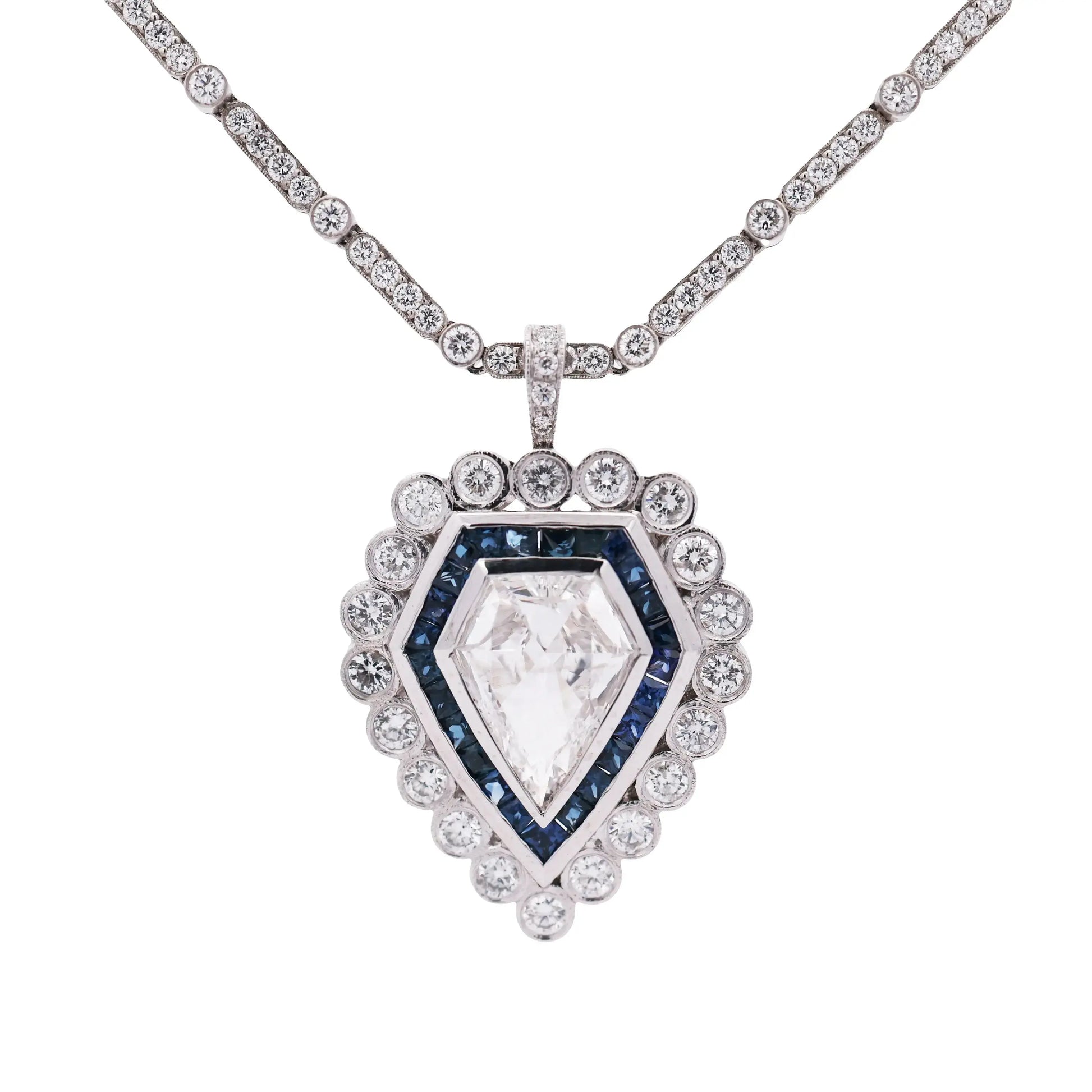 Art Deco Platinum Sapphire 2.61ct Diamond Pendant Necklace, GIA Lueur Jewelry