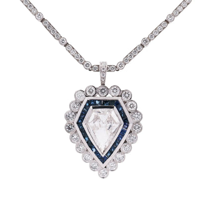 Art Deco Platinum Sapphire 2.61ct Diamond Pendant Necklace, GIA Lueur Jewelry