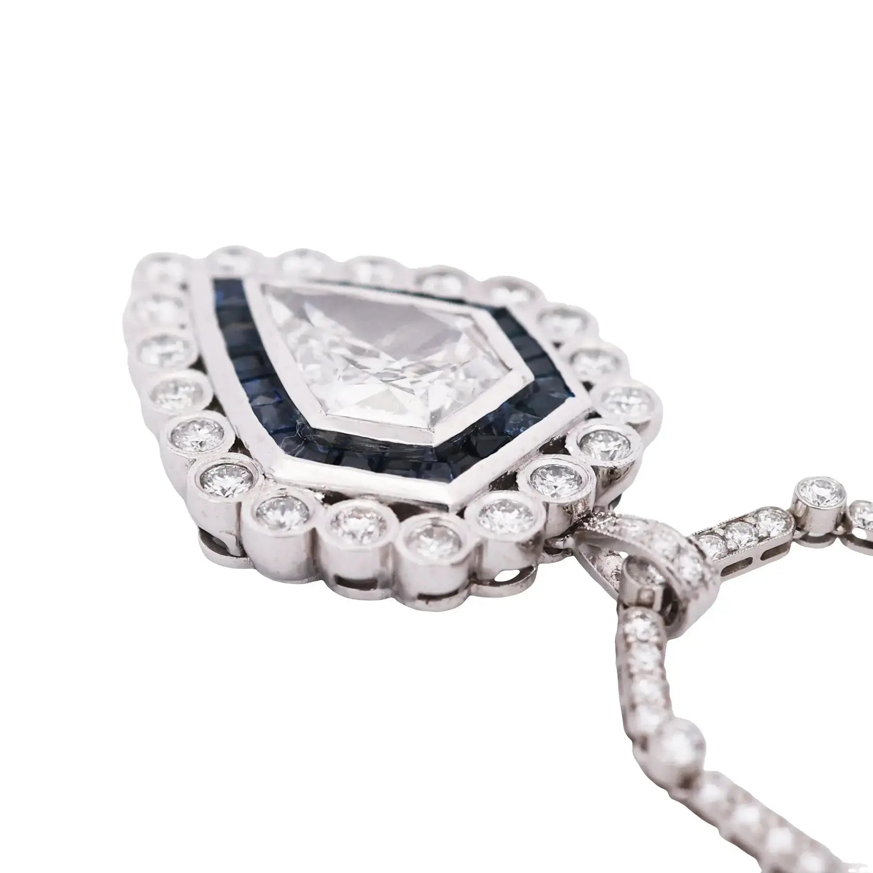 Art Deco Platinum Sapphire 2.61ct Diamond Pendant Necklace, GIA Lueur Jewelry