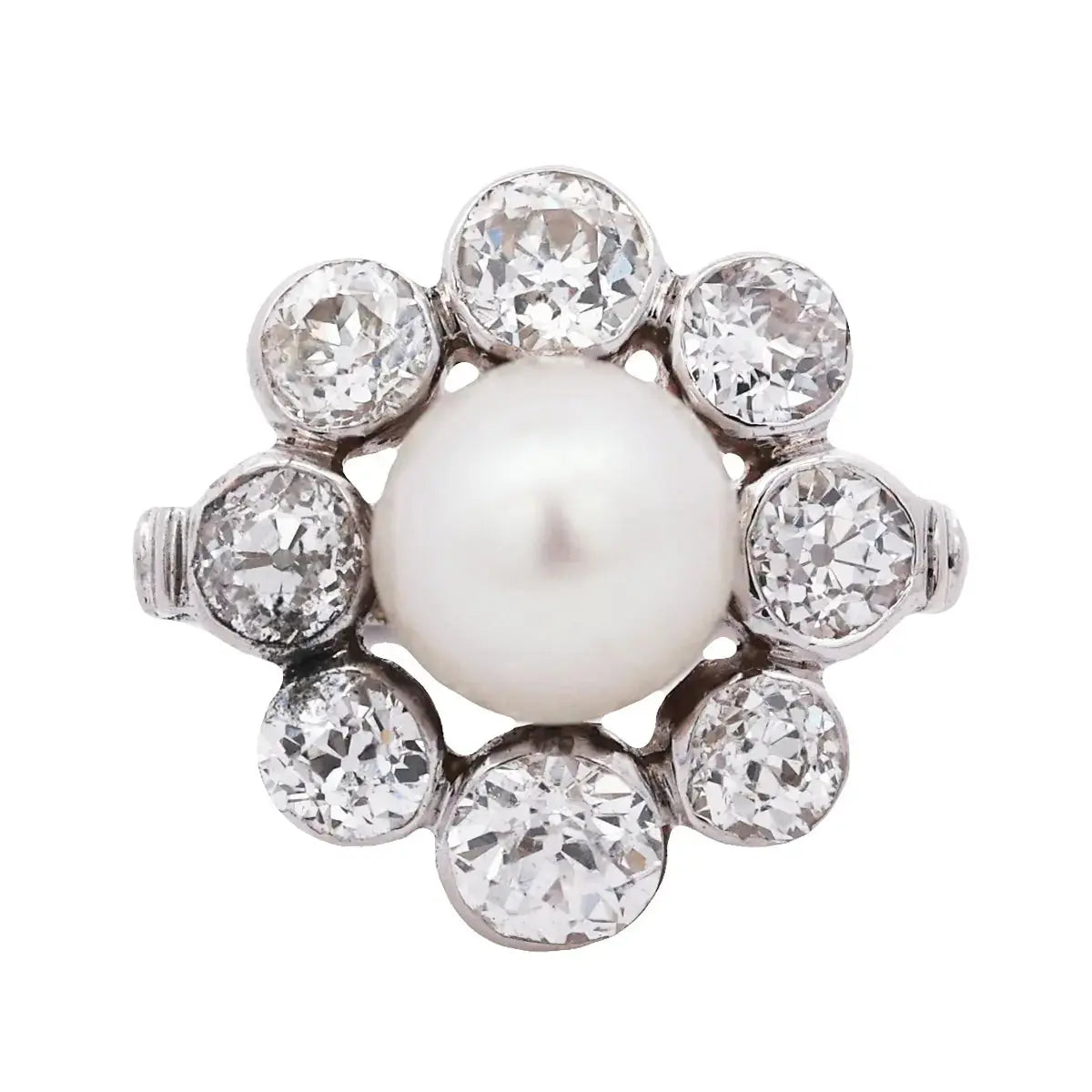 Platinum Natural Pearl Diamond Ring, GIA Lueur Jewelry