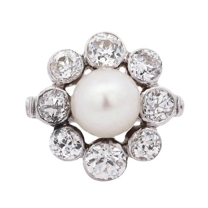 Platinum Natural Pearl Diamond Ring, GIA Lueur Jewelry