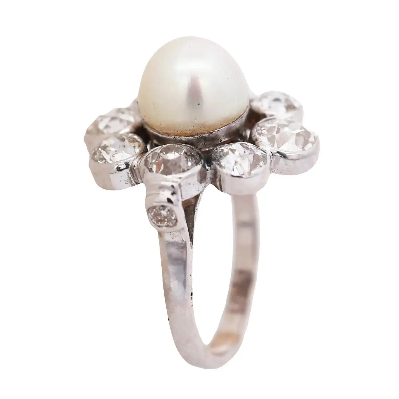 Platinum Natural Pearl Diamond Ring, GIA Lueur Jewelry